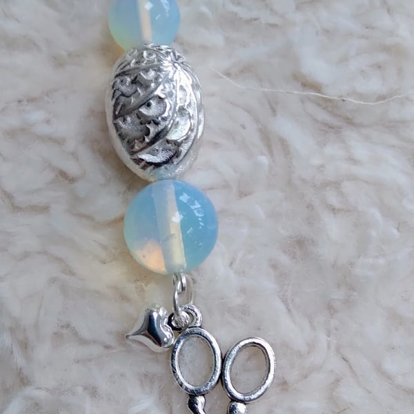 Blue Fire Opal and Tibetan silver scissors, heart charm pendant thong NECKLACE