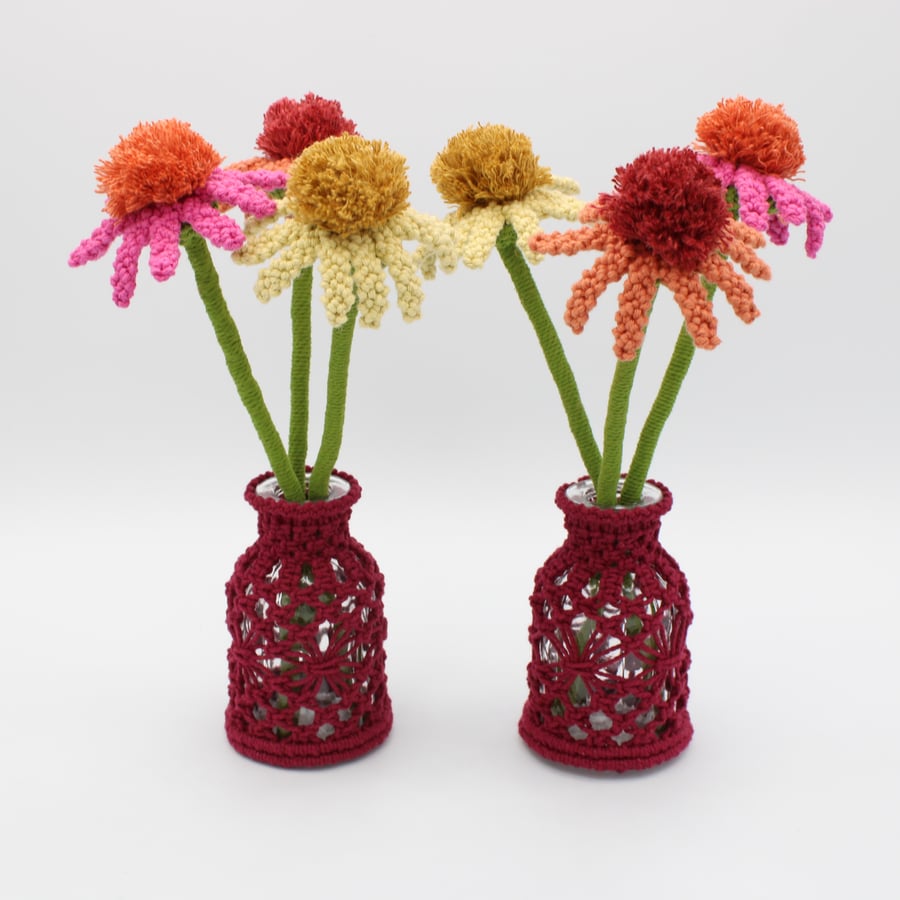 Vase of macrame flowers, everlasting Echinacea's - textile daisy flowers 