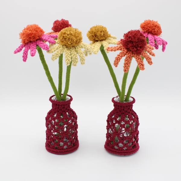 Vase of macrame flowers, everlasting Echinacea's - textile daisy flowers