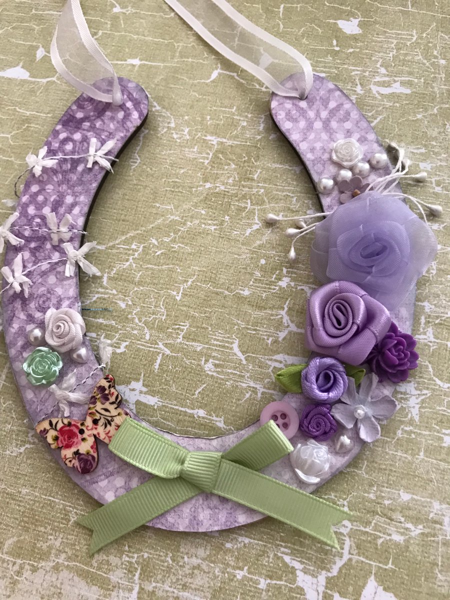 Decorated Floral Wooden Horseshoe for Bride or Bridesmaid Good luck Lilac