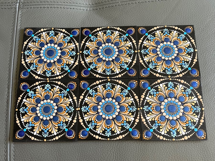 Hand Painted Mandala Coasters Set - Blue and Gold 