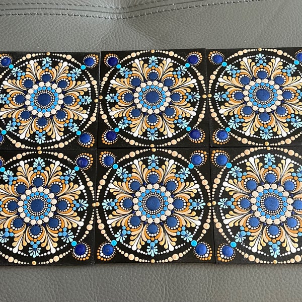 Hand Painted Mandala Coasters Set - Blue and Gold 