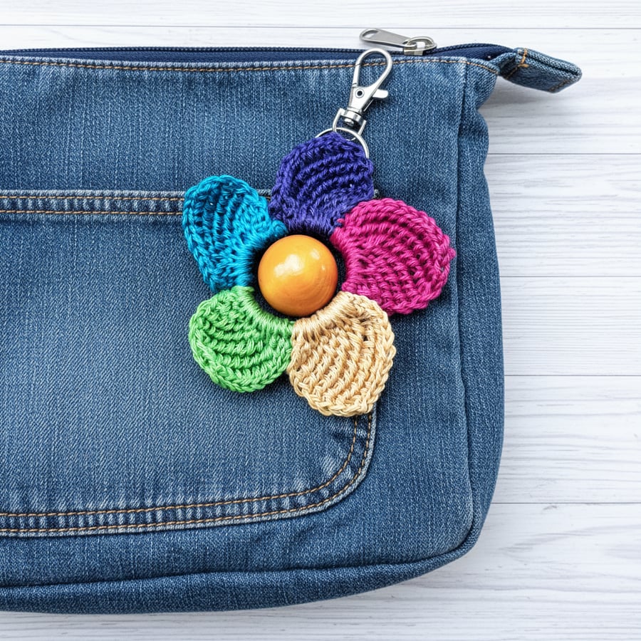 Rainbow Petal Crochet Keychain with Hand-Dyed Bead – Bag Charm (LGBT Pride)