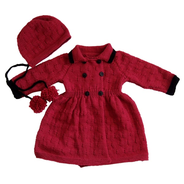 Red merino coat and bonnet set for girls.