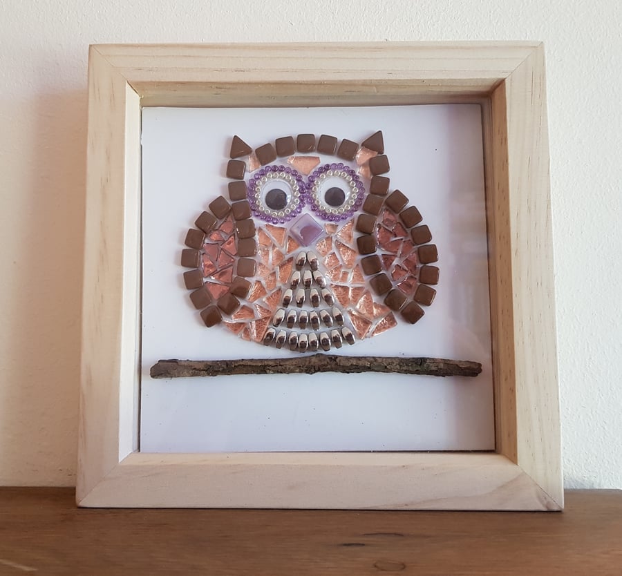 Mosaic Owl Wall Art, Brown Owl Gift, Owl Picture, Glass Art