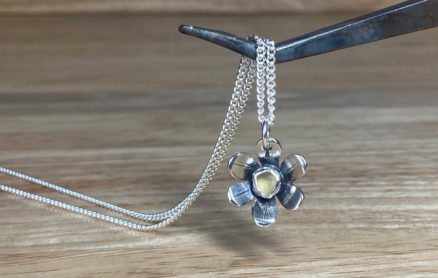 Handmade sterling silver flower pendant with yellow welsh sea glass & chain