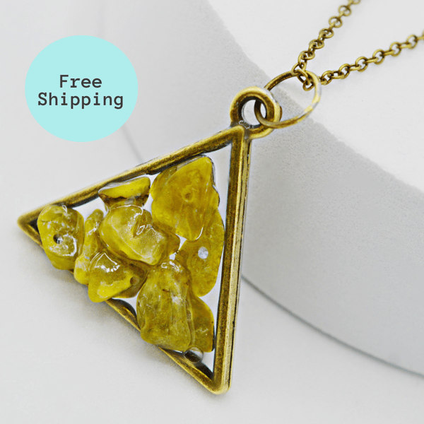 Peridot Antique Brass plated Triangle Worry Stone Necklace - Free Postage