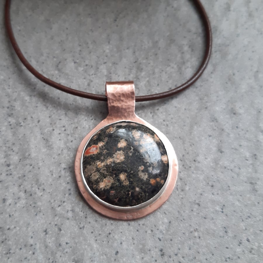 Leopard Skin Jasper Copper pendant With Brown Leather Cord Seconds Sunday
