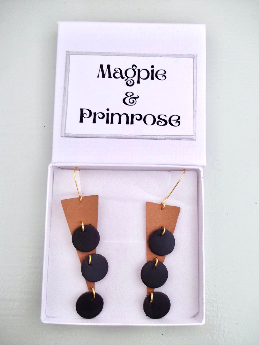 Leather Dangle Drop Earring Tan and Black Leather Contemporary Style