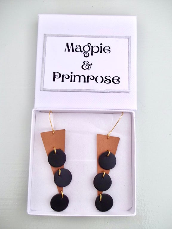 Leather Dangle Drop Earring Tan and Black Leather Contemporary Style