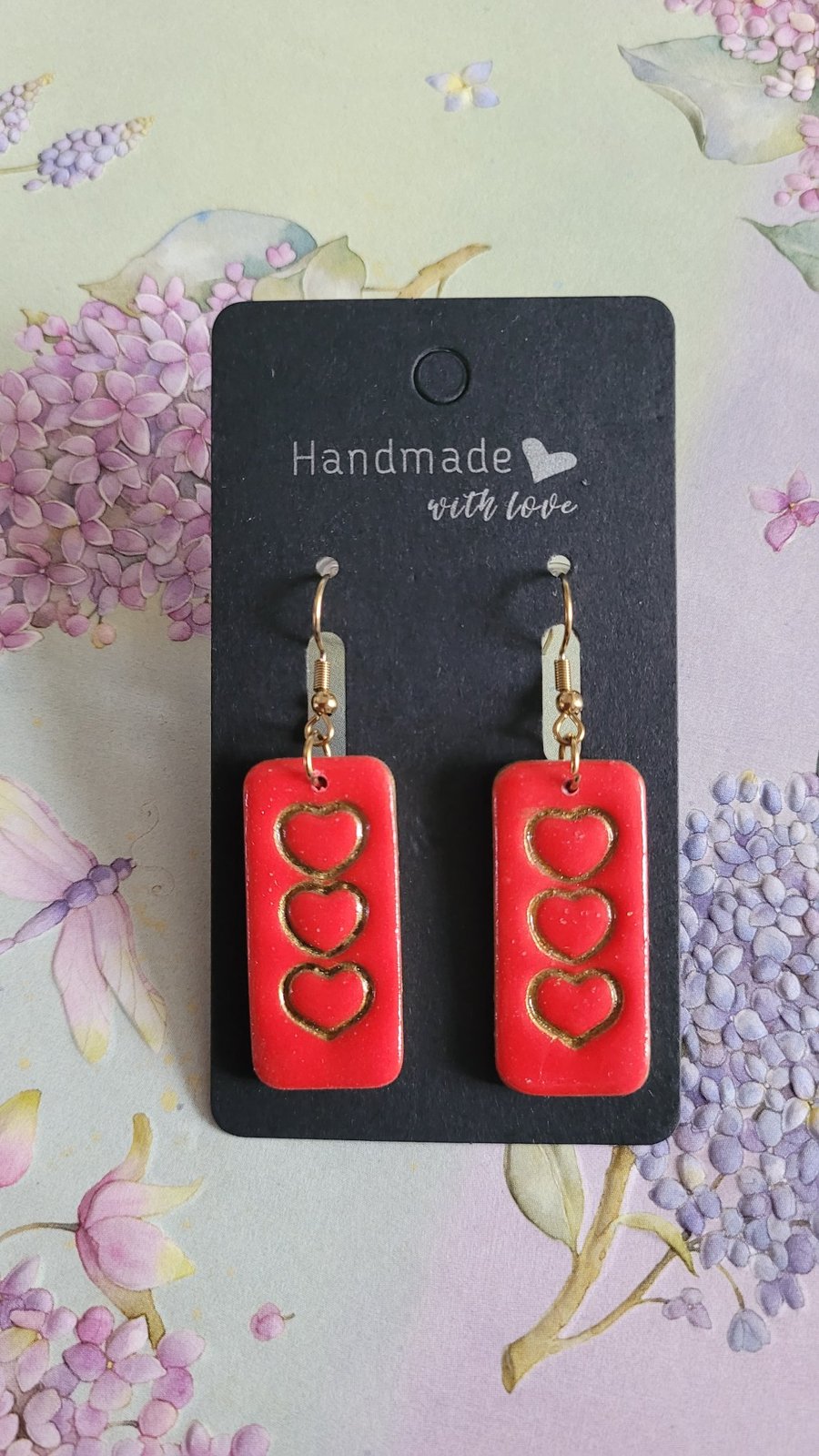 Handmade Polymer Clay Red and Gold Hearts Earri... - Folksy