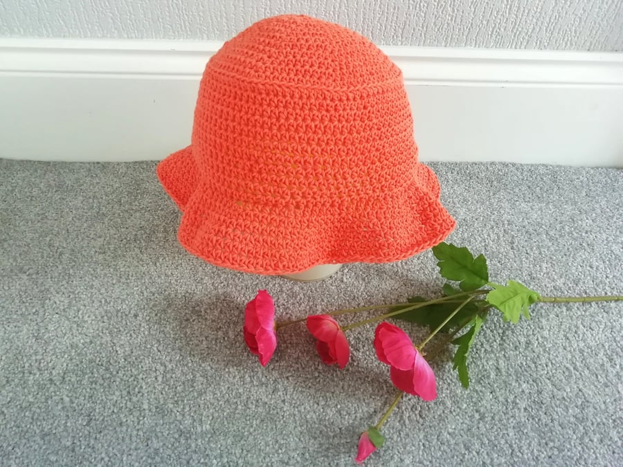 Crochet bucket hat, bucket hat, recycled cotton, coral, orange
