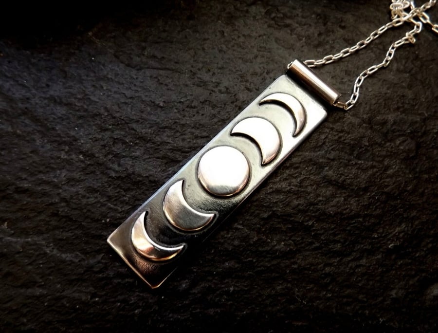 Silver bar moonphase necklace , elegant moon pendant