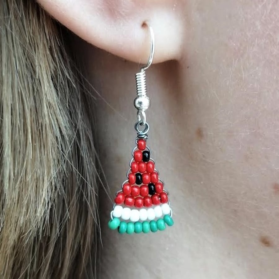 Beaded watermelon slice drop earrings