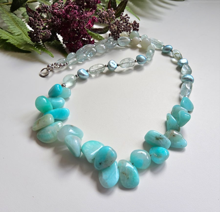 Amazonite, Aquamarine & Freshwater Pearl Necklace