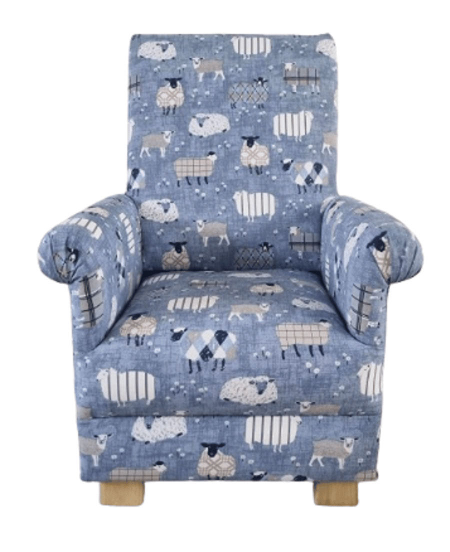 Kids Sheep Animals Chair iLiv Baa Fabric Childrens Armchair Patchwork Denim Blue