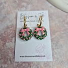Christmas Glitter Wreath Earrings – Green & Pink Festive Hoops