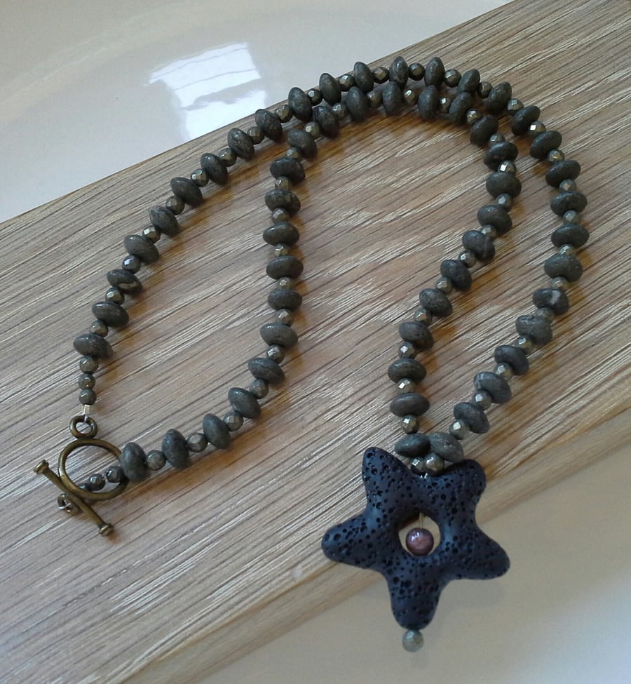 Men's Star Lava Rock,  Pyrite & Tiger's Eye Necklace (HELP A CHARITY)