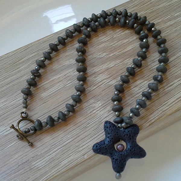 Men's Star Lava Rock,  Pyrite & Tiger's Eye Necklace (HELP A CHARITY)