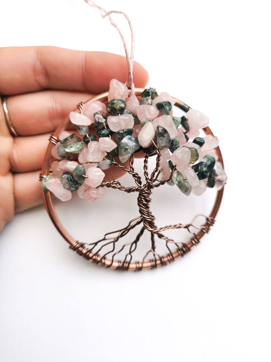 Tree of life suncatcher, Rose quartz and Moss agate wall decor, Yggdrasil Tree