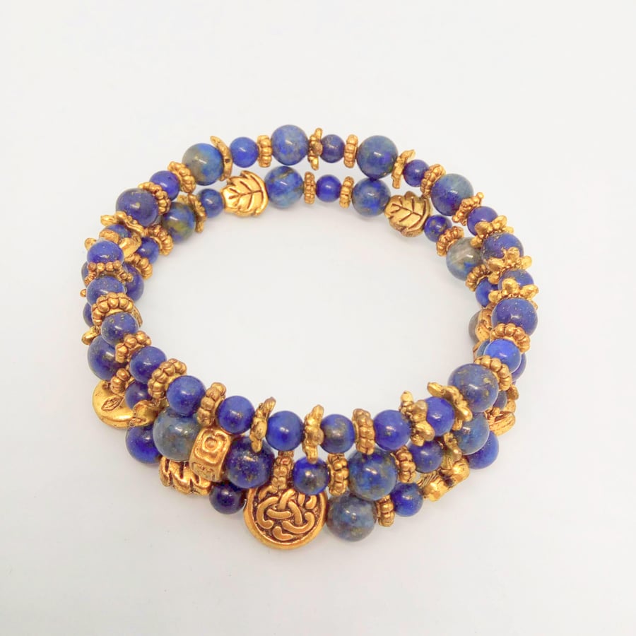 Memory Wire Cuff Bracelet With Lapis Lazuli Beads and Gold Beads
