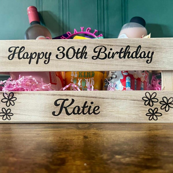 Personalised Hand-Burned Wooden Birthday Crate - Custom Keepsake Gift