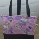 Little girls pink unicorn cotton mini tote bag with denim handles and bottom han