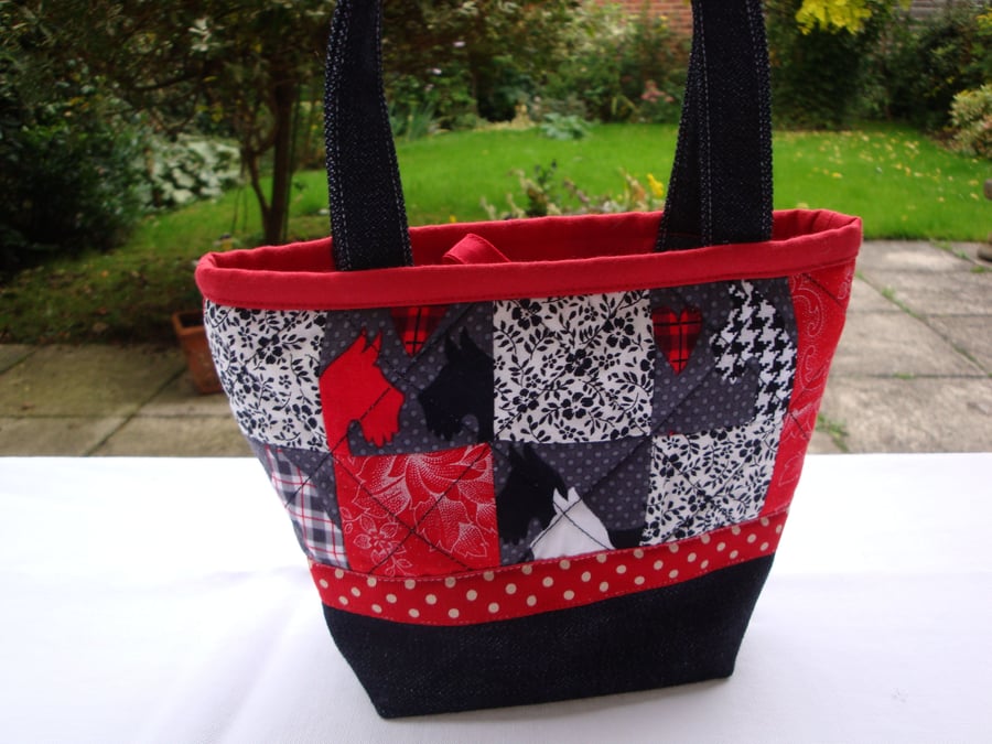 SALE  Mini Quilted Patchwork Handbag - black denim - red dotty trim.