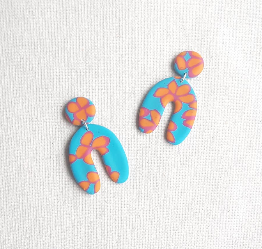 Polymer clay arch earrings, Horseshoe dangles, Rainbow flower earrings