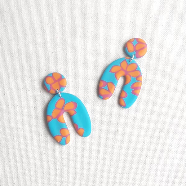 Polymer clay arch earrings, Horseshoe dangles, Rainbow flower earrings