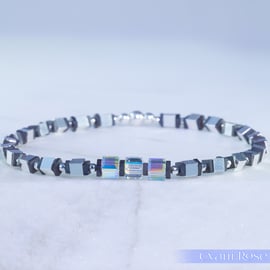 Bracelet sterling silver hematite and swarovski cubes unique handmade stretchy