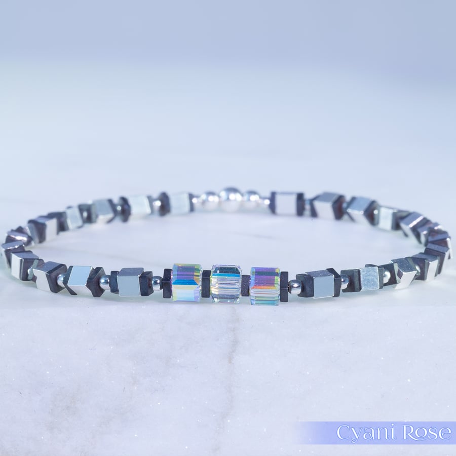 Bracelet sterling silver hematite and swarovski cubes unique handmade stretchy