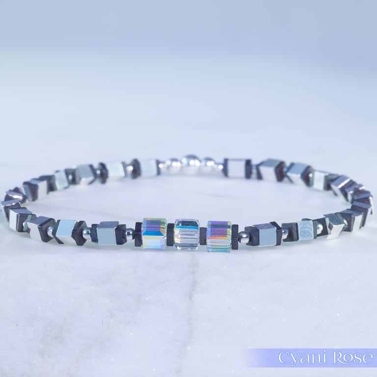Bracelet sterling silver hematite and swarovski cubes unique handmade stretchy