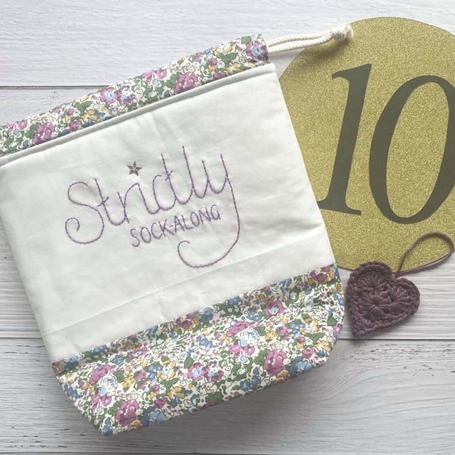 'Strictly Sock-Along' Project Bag with Hand Embroidery - Purple