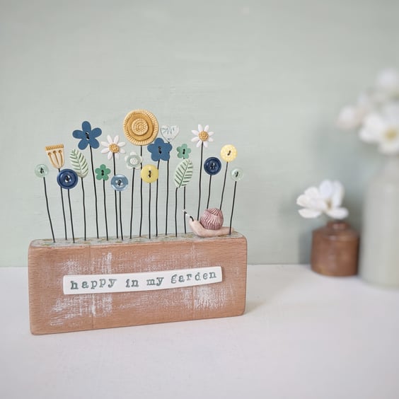 Clay and Button Garden with Snail in Wood Block 'Happy in My Garden'