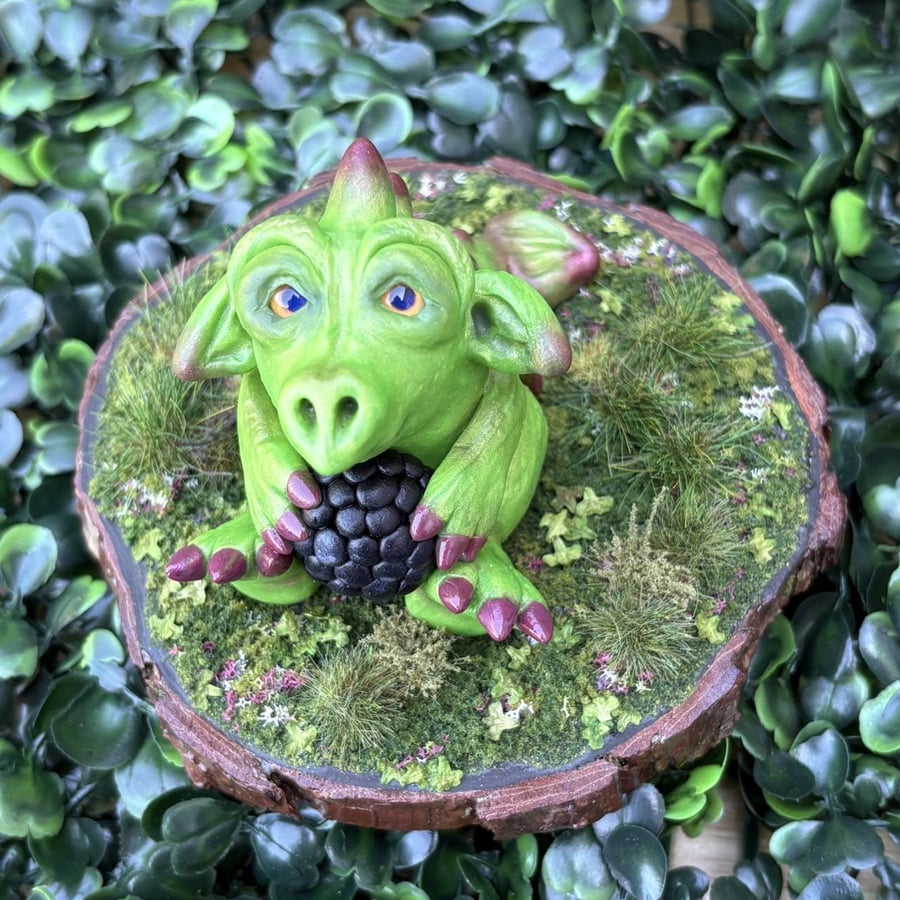 Green dragon with blackberry, hand sculpted polymer clay dragon