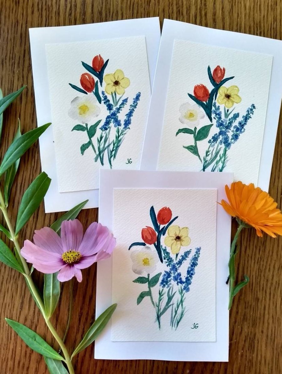Set of 3 Handmade Original Watercolour Flowers Greetings Cards Notecards