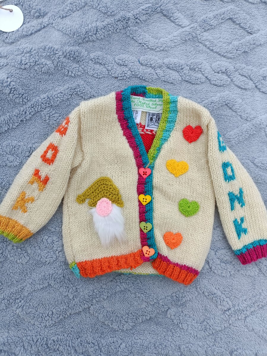 Hand Knitted Gonk design childrens cardigan age 6-12 months old 