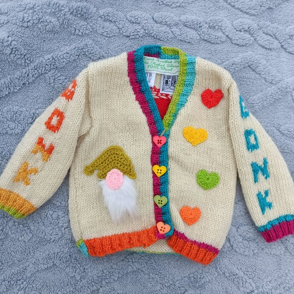 Hand Knitted Gonk design childrens cardigan age 6-12 months old 