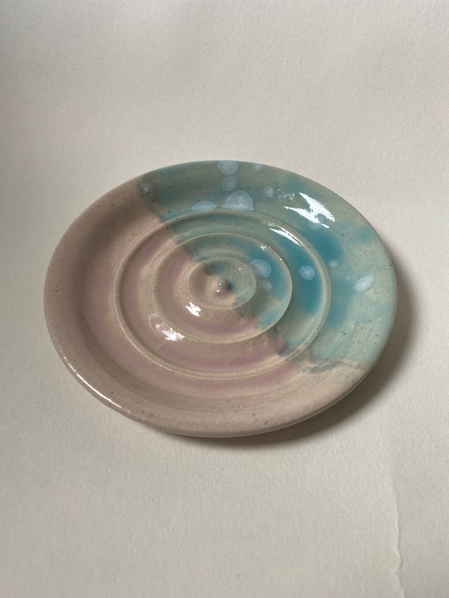 Soap dish circular handmade stoneware wheel thrown green and pink