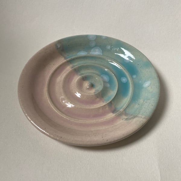 Soap dish circular handmade stoneware wheel thrown green and pink