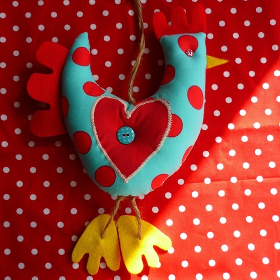 Hanging Kitchen Chicken/Hen  with applique heart ~ Teal with Red spots