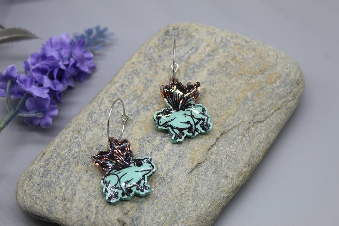 Frog Earrings, Frog Fairy, Frog with Wings Earrings, Cottagecore, Resin Earrings