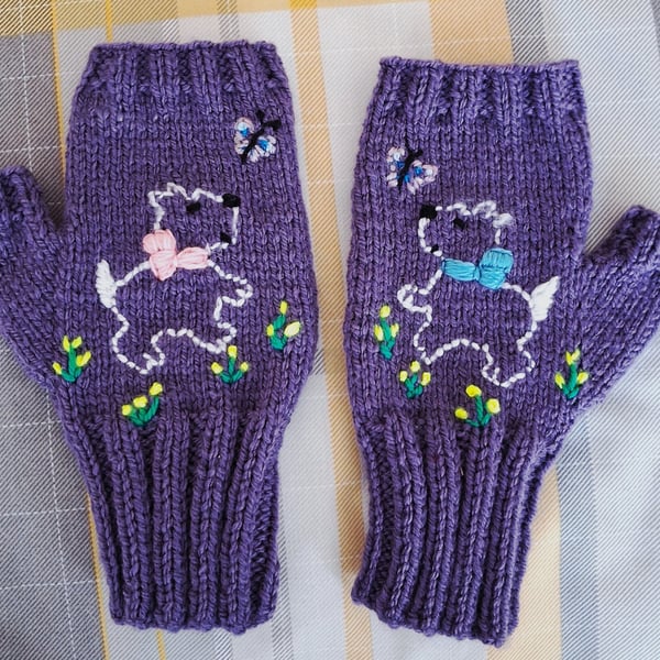 Hand Knitted And Embroidered Purple Fingerless Gloves With Dogs (J183)