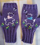 Hand Knitted And Embroidered Purple Fingerless Gloves With Dogs (J183)