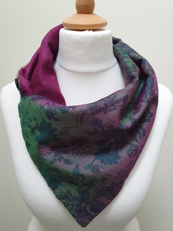 Sari silk and tweed neckwarmer, button wrap scarf. Double sided, reversible. Pur
