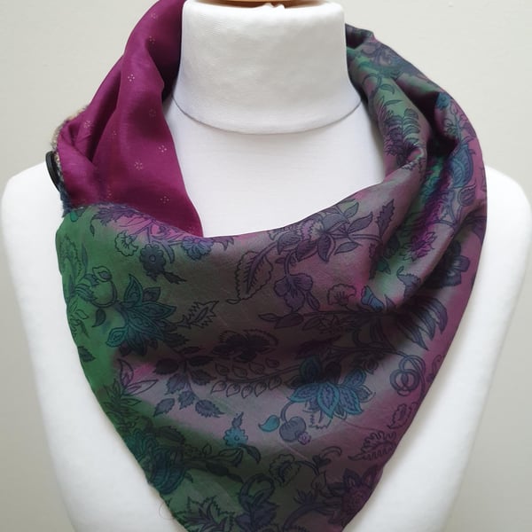 Sari silk and tweed neckwarmer, button wrap scarf. Double sided, reversible. Pur