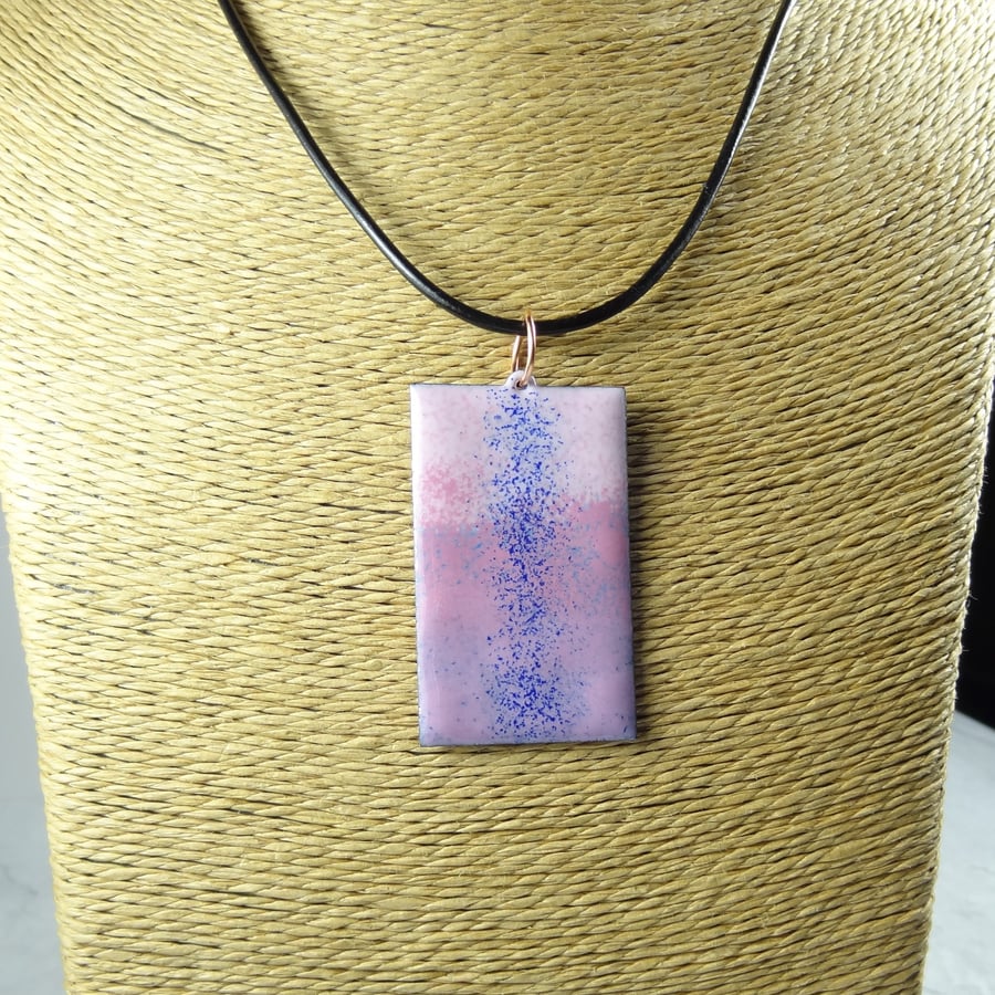 Pink and blue glass enamelled copper pendant on a leather cord 47x29mm (0113)