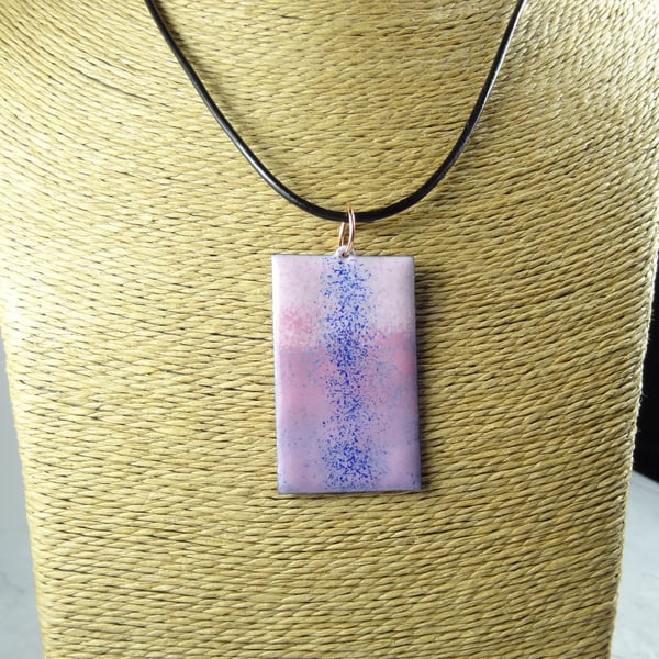 Pink and blue glass enamelled copper pendant on a leather cord 47x29mm (0113)