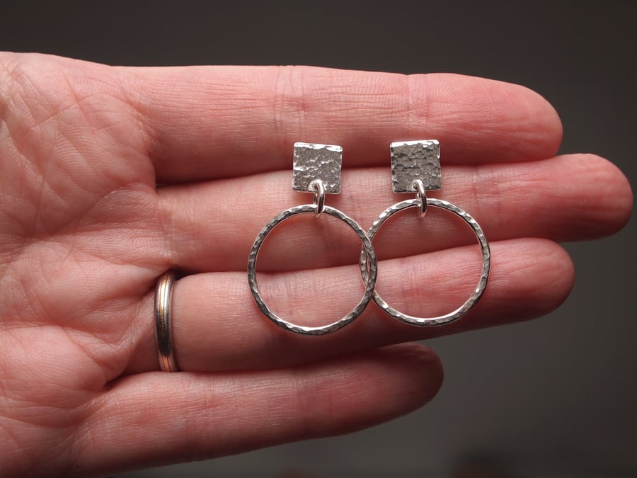 Sterling silver hoop square stud earrings, ARC jewellery, holiday jewellery